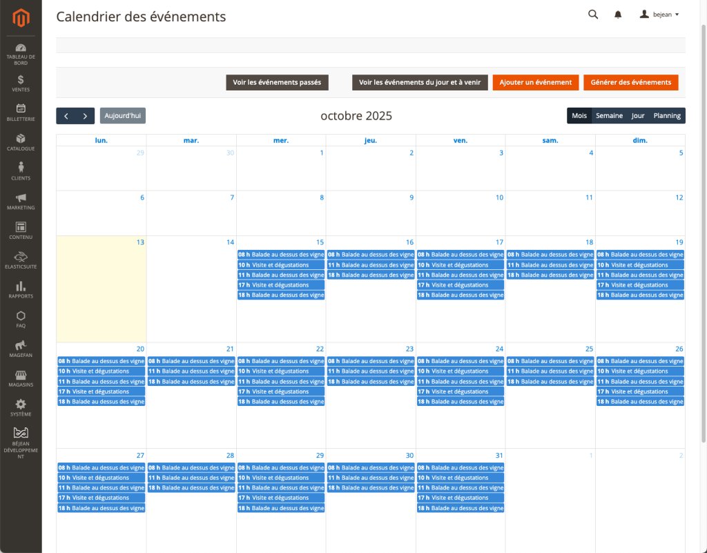Calendrier de gestion des événements oenotourisme